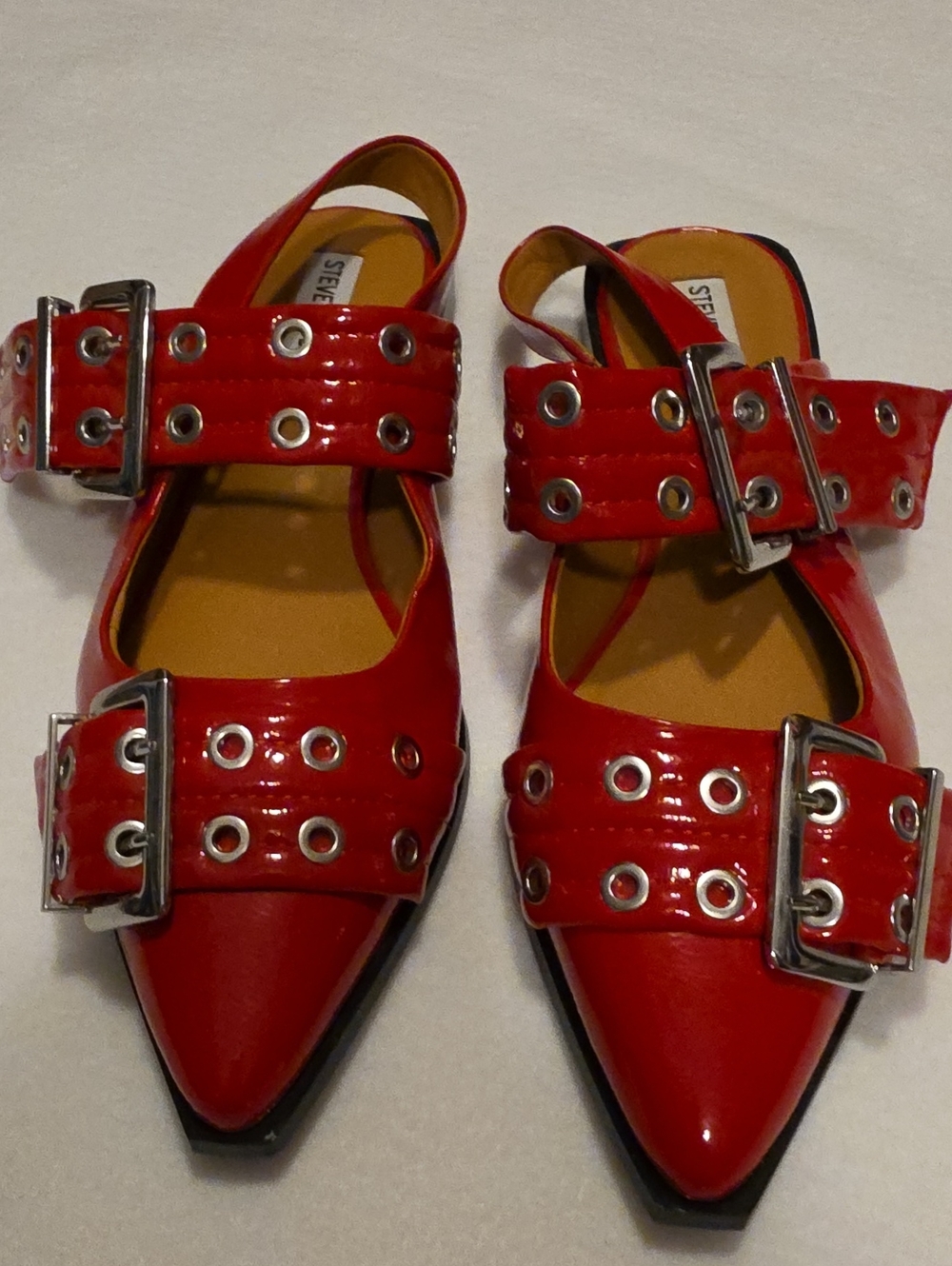 Steve Madden Red Patent Pointed Flats with Grommet Buckles